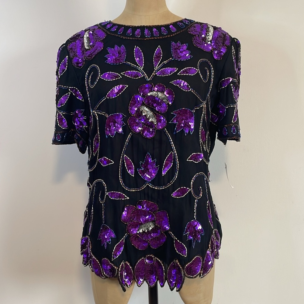 VTG Sequin Floral Top Large Black Purple Evening NWT Maximalist Pappel Glam 80s